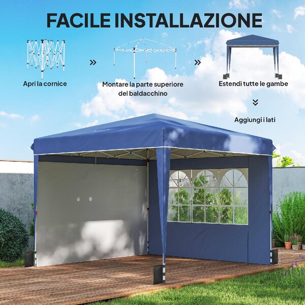 VivaGarden Gazebo da Giardino 3x3 mt Pieghevole in Metallo/Tessuto Tende Laterali con Finestre colore Blu