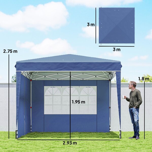 VivaGarden Gazebo da Giardino 3x3 mt Pieghevole in Metallo/Tessuto Tende Laterali con Finestre colore Blu