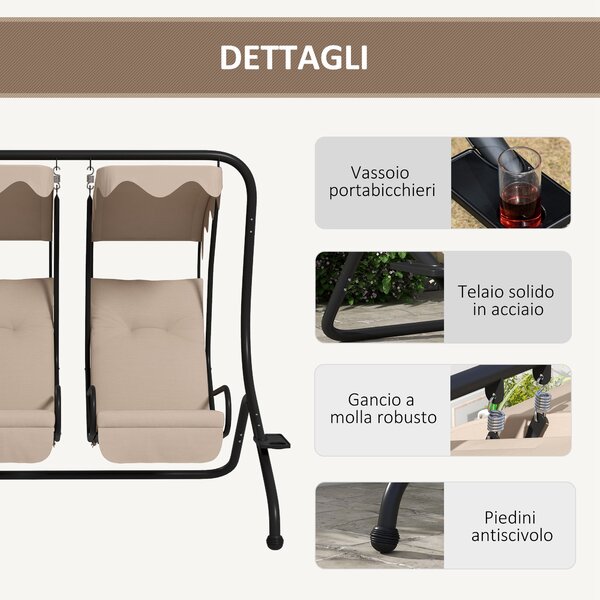 Outsunny Dondolo da Giardino 2 Posti con Tetto Parasole, in Acciaio e Poliestere, 170x136x170 cm, Beige