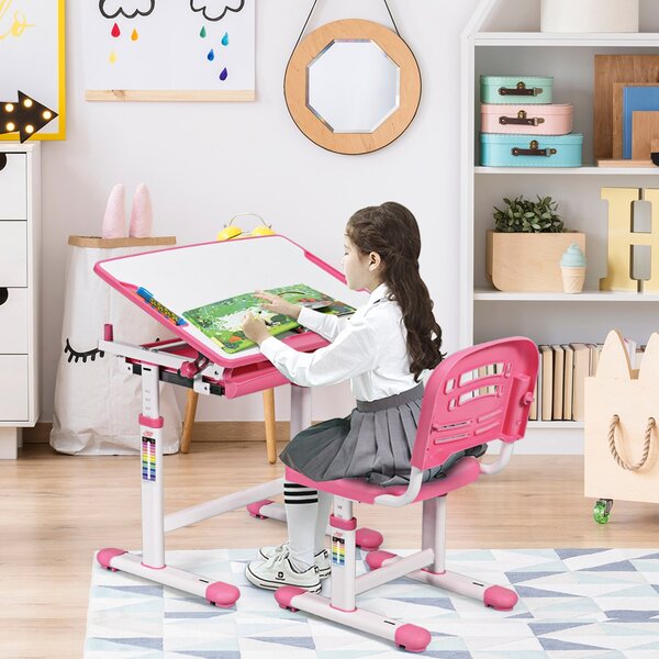 Costway Scrivania per bambini regolabile in altezza Set tavolo e sedie  bimbi da disegno inclinabile Rosa>