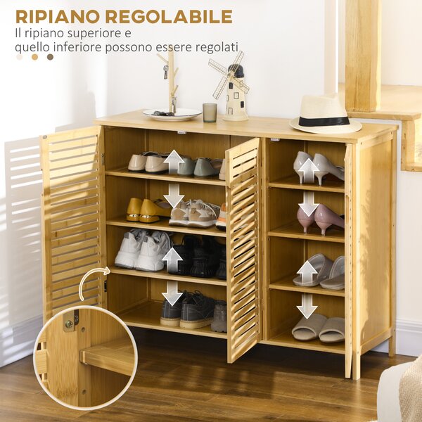 HOMCOM Mobile Scarpiera a 8 Ripiani su 3 Livelli con Maniglie, in Bambù, 100x35x80 cm, color Legno|Aosom