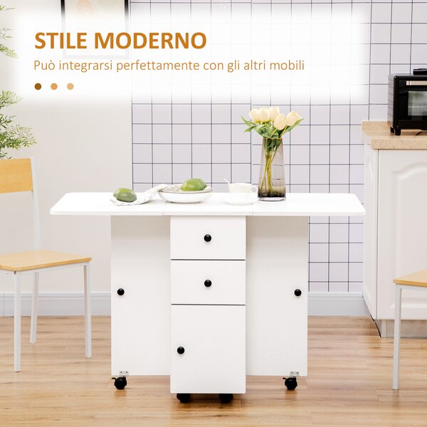 HOMCOM Tavolo a Ribalta per 6 Persone max con 2 Cassetti, Armadietto e Ripiano, in Truciolato, 120x60x76.5 cm, Bianco|Aosom
