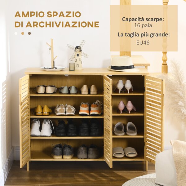 HOMCOM Mobile Scarpiera a 8 Ripiani su 3 Livelli con Maniglie, in Bambù, 100x35x80 cm, color Legno|Aosom