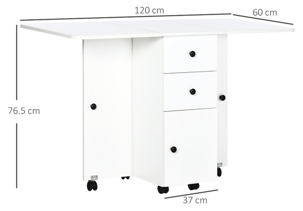 HOMCOM Tavolo a Ribalta per 6 Persone max con 2 Cassetti, Armadietto e Ripiano, in Truciolato, 120x60x76.5 cm, Bianco|Aosom