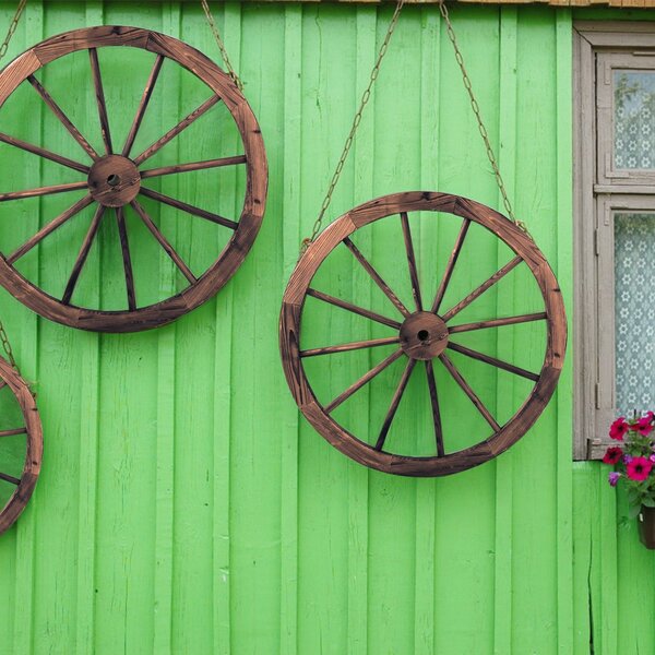 Costway Set di 2 ruote decorative in legno da giardino, Carrello ruota decorazione da parete 76x76x3,5cm>