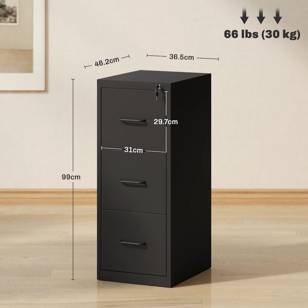 HOMCOM Schedario Portadocumenti Minimal a 3 Cassetti con Barra Regolabile, in Acciaio, 36.5x46.2x99 cm, Nero