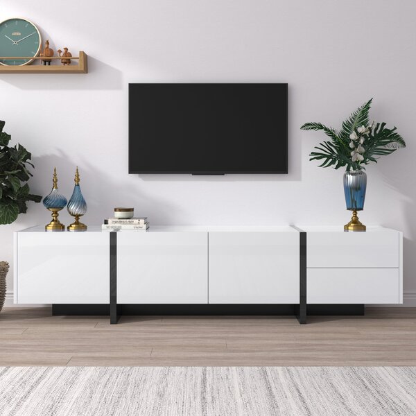 Mobile TV Lowboard con Pannello e Gambe a Blocchi di Colore Lucide in Bianco e Nero, con Ante e Cassetti, Design Lineare, Bianco|Aosom