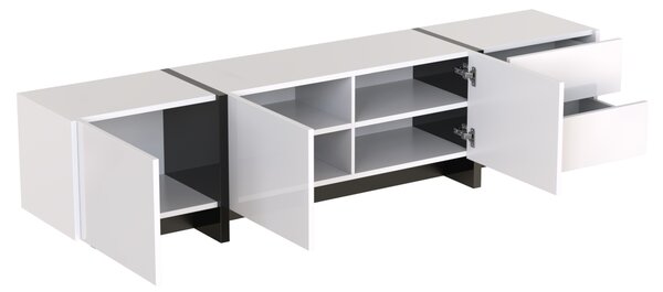 Mobile TV Lowboard con Pannello e Gambe a Blocchi di Colore Lucide in Bianco e Nero, con Ante e Cassetti, Design Lineare, Bianco|Aosom
