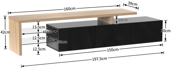 Mobile TV Moderno di Design, Ampio Spazio per Riporre, Nero Lucido, Effetto Legno, Ripiani in Vetro, Illuminazione a LED, Naturale+Nero|Aosom