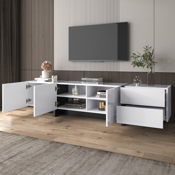 Mobile TV Lowboard con Pannello e Gambe a Blocchi di Colore Lucide in Bianco e Nero, con Ante e Cassetti, Design Lineare, Bianco|Aosom