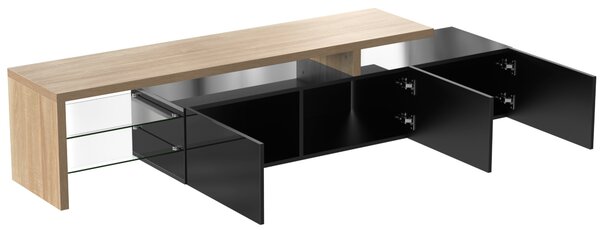 Mobile TV Moderno di Design, Ampio Spazio per Riporre, Nero Lucido, Effetto Legno, Ripiani in Vetro, Illuminazione a LED, Naturale+Nero|Aosom