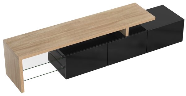 Mobile TV Moderno di Design, Ampio Spazio per Riporre, Nero Lucido, Effetto Legno, Ripiani in Vetro, Illuminazione a LED, Naturale+Nero|Aosom