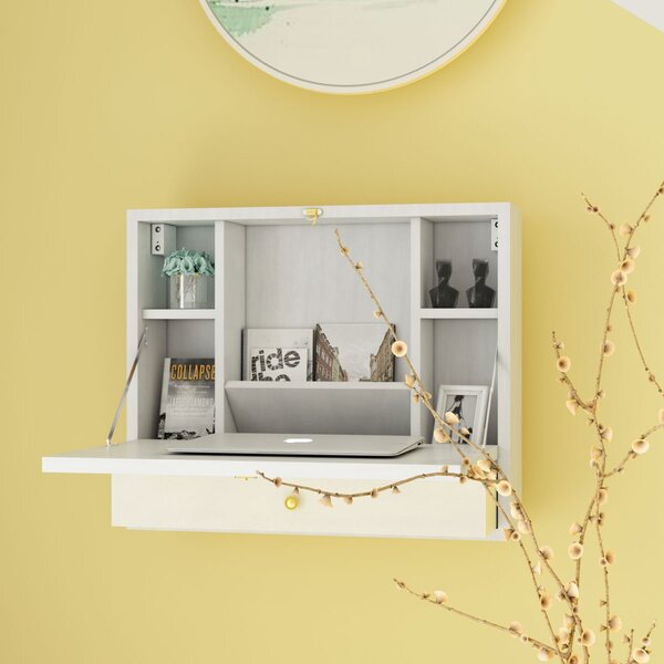 Tavolo a muro pieghevole con compartimento e cassetto Scrivania da parete  per casa e ufficio 60x51x50cm Bianco - Costway