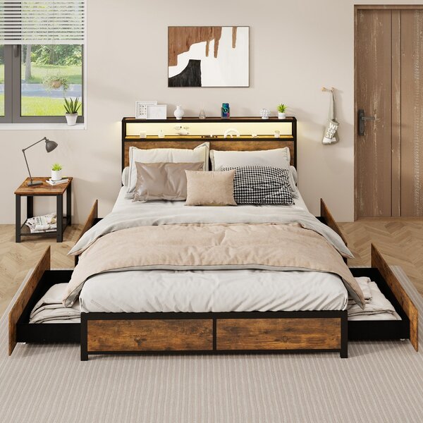 Costway Struttura letto king size con luci e set 2 comodini moderni, Letto piattaforma e tavolini industriali da divano