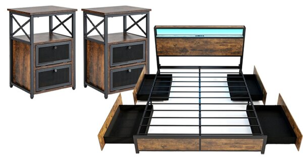 Costway Struttura letto king size con luci e set 2 comodini moderni, Letto piattaforma e tavolini industriali da divano