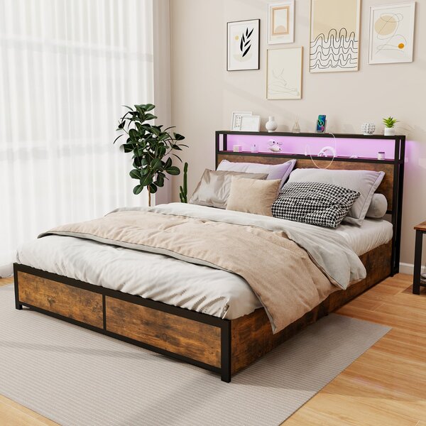 Costway Struttura letto king size con luci e set 2 comodini moderni, Letto piattaforma e tavolini industriali da divano
