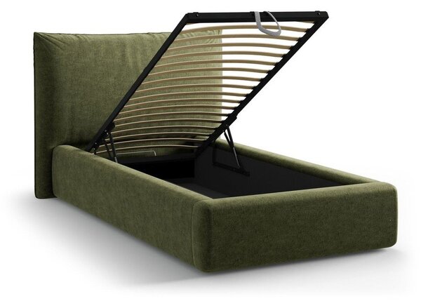 Letto singolo imbottito verde con contenitore con rete inclusa 90x200 cm Kaelle – Micadoni