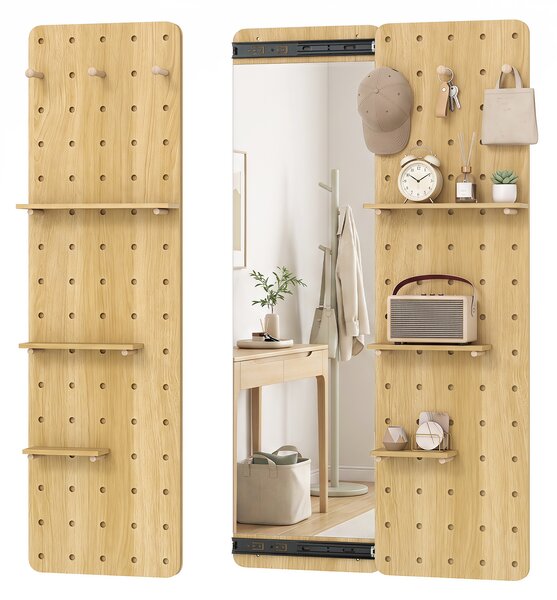 Costway Specchio da parete con pannello forato pannello forato legno con ganci e ripiani rimovibili, Set specchio portaoggetti per ingresso e camerino