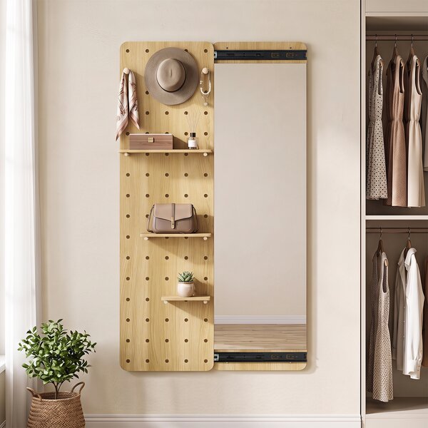 Costway Specchio da parete con pannello forato pannello forato legno con ganci e ripiani rimovibili, Set specchio portaoggetti per ingresso e camerino