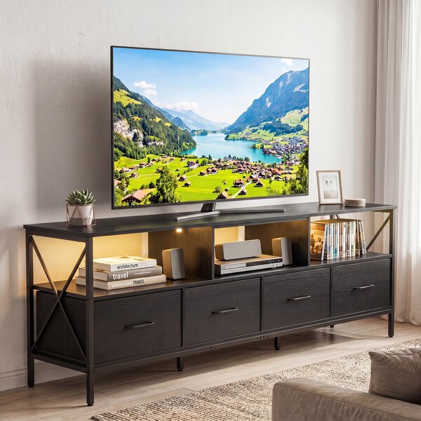 Costway Mobile tv industriale da 80" con luci led dimmerabili, Mobile multimediale con telecomando 3 scomparti aperti per soggiorno Nero