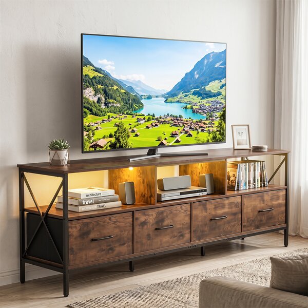 Costway Mobile tv industriale da 80" con luci led dimmerabili, Mobile multimediale con telecomando 3 scomparti aperti per soggiorno Marrome