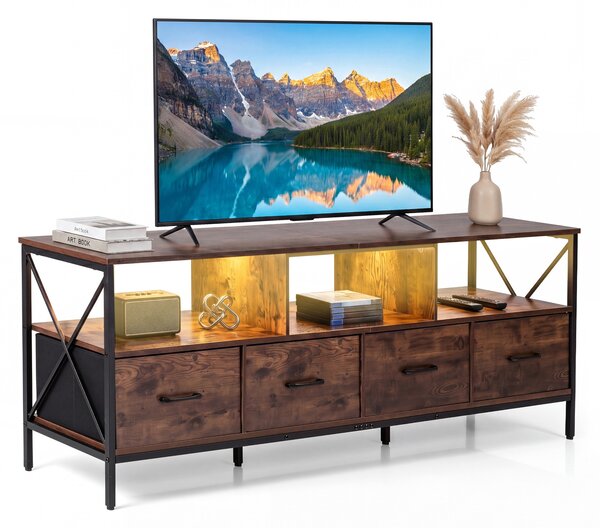 Costway Mobile tv industriale da 80" con luci led dimmerabili, Mobile multimediale con telecomando 3 scomparti aperti per soggiorno Marrome