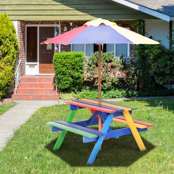 Costway Set con tavolo picnic di legno e ombrellone per bambini, Tavolo e panchina con 4 posti e ombrellone pieghevoli>