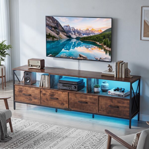 Costway Mobile tv industriale da 80" con luci led dimmerabili, Mobile multimediale con telecomando 3 scomparti aperti per soggiorno Marrome