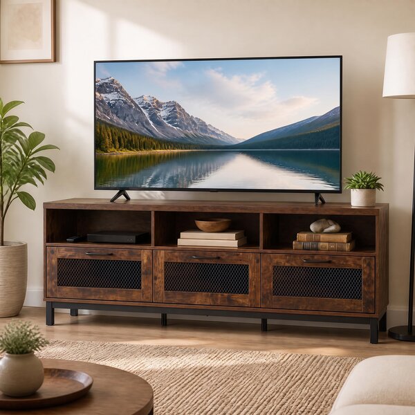 Costway Mobile porta tv fino a 75" con ampio piano 3 cassetti in rete, Supporto per televisore da terra per soggiorno e camera da letto Marrone