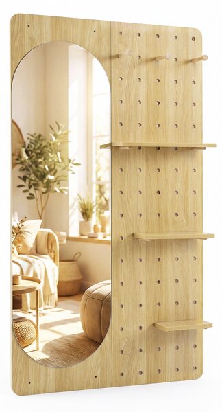 Costway Specchio da parete a figura intera con pannello forato in legno pannello portaoggetti con specchio, Specchio da parete per soggiorno e ingresso