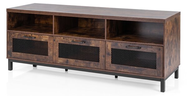 Costway Mobile porta tv fino a 75" con ampio piano 3 cassetti in rete, Supporto per televisore da terra per soggiorno e camera da letto Marrone
