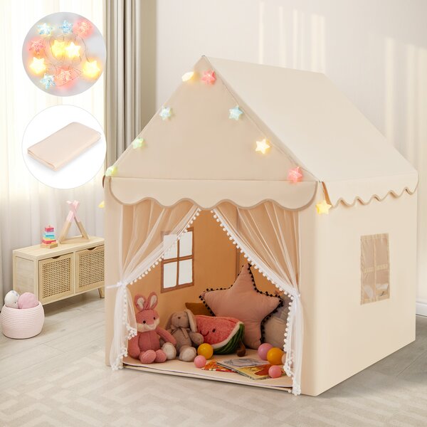 Costway Tenda da gioco per bambini con tappetino lavabile con luci a forma di stella, Tenda castello fatato per cameretta e sala giochi Beige