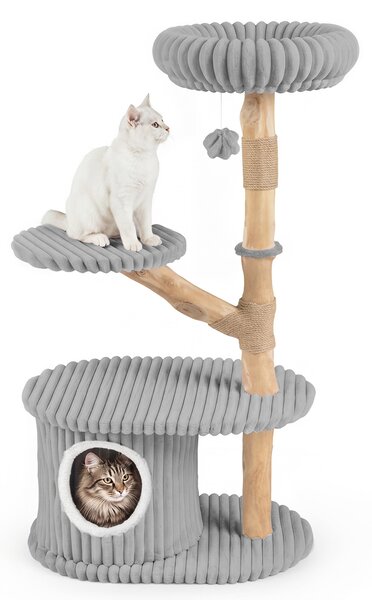 Costway Albero per gatti alto 105 cm a 4 livelli cuscino rimovibile, Tiragraffi per gatti in legno di pero per soggiorno e camera Grigio