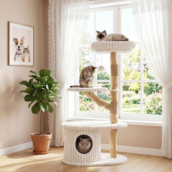 Costway Albero per gatti alto 105 cm a 4 livelli cuscino rimovibile, Tiragraffi per gatti in legno di pero per soggiorno e camera Beige