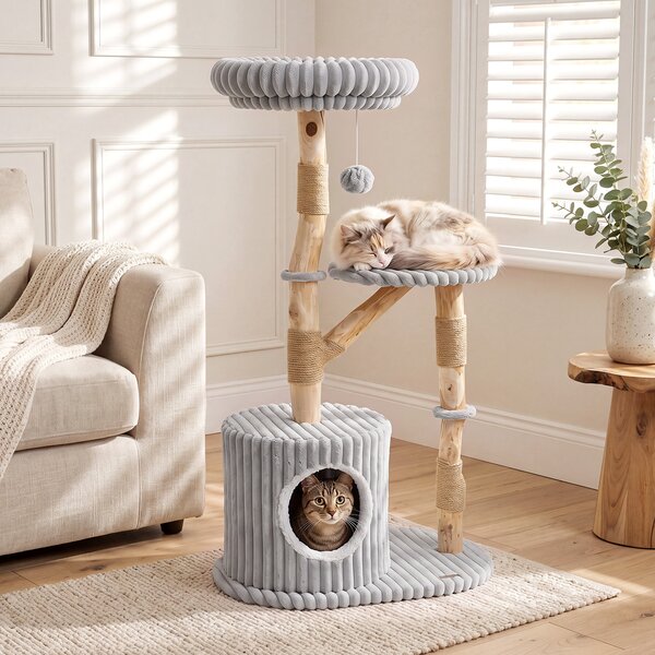 Costway Albero tiragraffi per gatti alto 105 cm mobile interno per animali, Torre per gatti in legno trespolo imbottito e cuccia Grigio