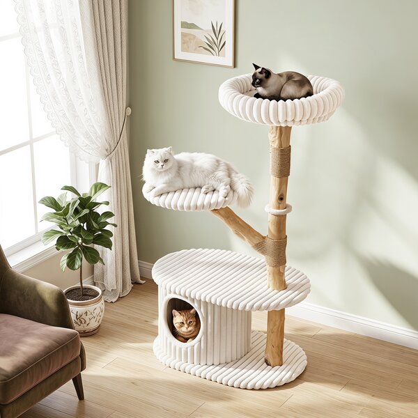 Costway Albero per gatti alto 105 cm a 4 livelli cuscino rimovibile, Tiragraffi per gatti in legno di pero per soggiorno e camera Beige