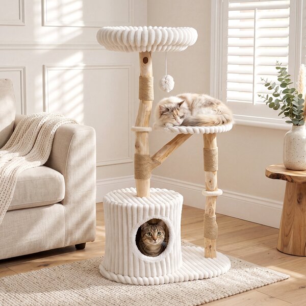 Costway Albero tiragraffi per gatti alto 105 cm mobile interno per animali, Torre per gatti in legno trespolo imbottito e cuccia Beige
