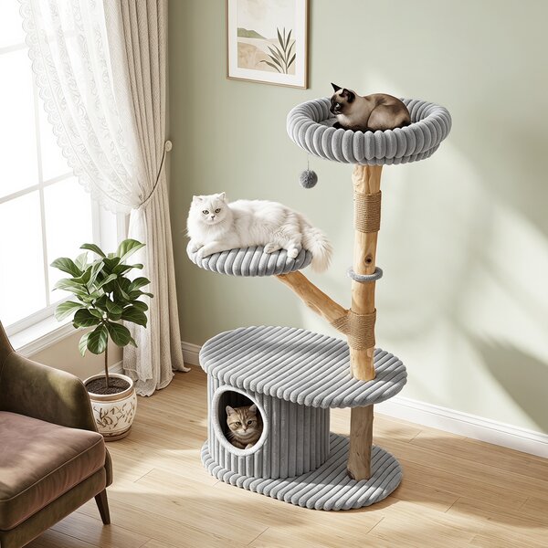 Costway Albero per gatti alto 105 cm a 4 livelli cuscino rimovibile, Tiragraffi per gatti in legno di pero per soggiorno e camera Grigio