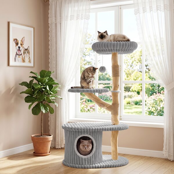 Costway Albero per gatti alto 105 cm a 4 livelli cuscino rimovibile, Tiragraffi per gatti in legno di pero per soggiorno e camera Grigio