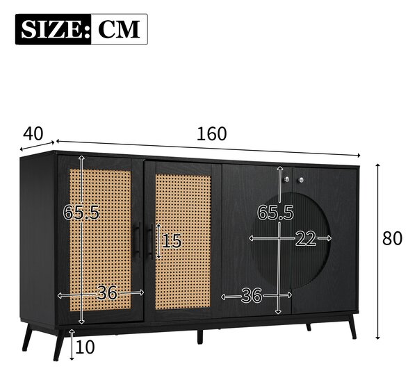 Credenza con Porte in Vetro di Rattan e Porta Semirotonda, 160x40x80 cm, Nero|Aosom