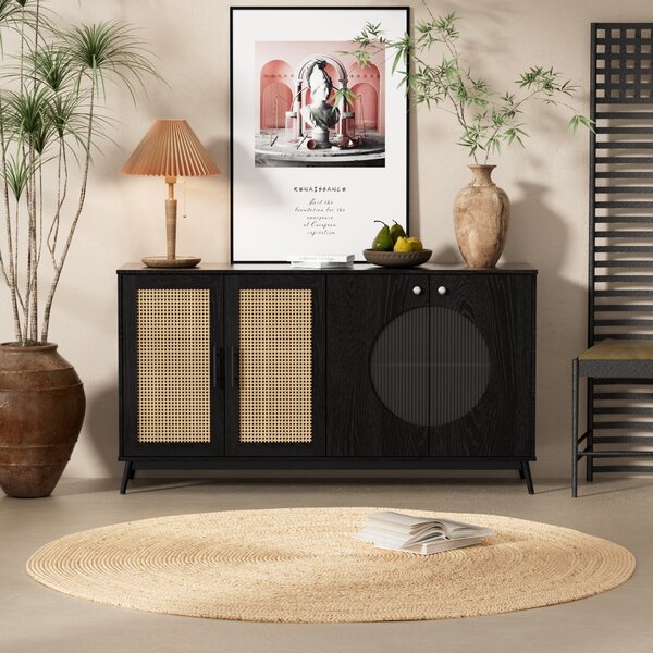 Credenza con Porte in Vetro di Rattan e Porta Semirotonda, 160x40x80 cm, Nero|Aosom