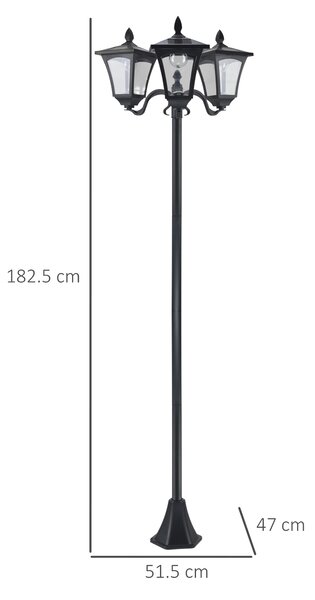 Outsunny Lampione da Giardino 182.5cm con Luci LED ad Energia Solare, Impermeabilità IP44, Illuminazione Automatica, in Acciaio, Nero | Aosom