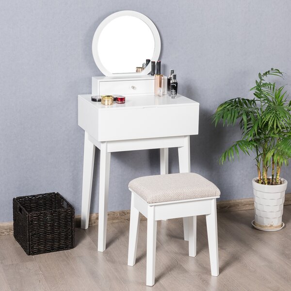 Costway Specchio da toeletta rotondo con cassetto rimovibile, Specchio moderno a muro o su scrivania, Bianco>