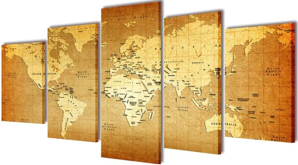 Set Stampa su Tela da Muro Mappa del Mondo 200 x 100 cm