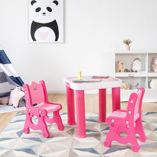 Costway Set con tavolo e sedie per bambini, Set multiuso con tavolo e 2 sedie regolabili in altezza, Rosa>