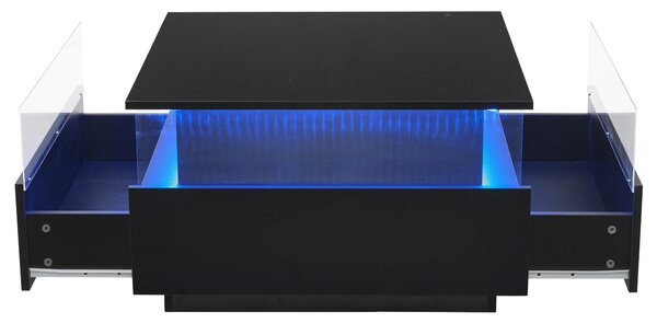 Tavolino da divano, dimensioni 70x70x41 cm, realizzato in pannello di particelle di legno al 100%, colore nero, dotato di 2 cassetti, illuminazione LED e una superficie trasparente per l'esposizione