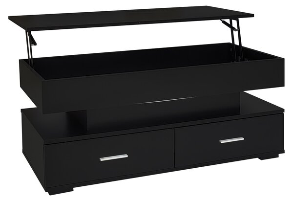 Tavolino da divano, dimensioni 100x50x44 cm, realizzato in pannello di particelle al 100%, colore nero, con regolazione idraulica dell'altezza, illuminazione a LED, 2 cassetti e vano portaoggetti aperto
