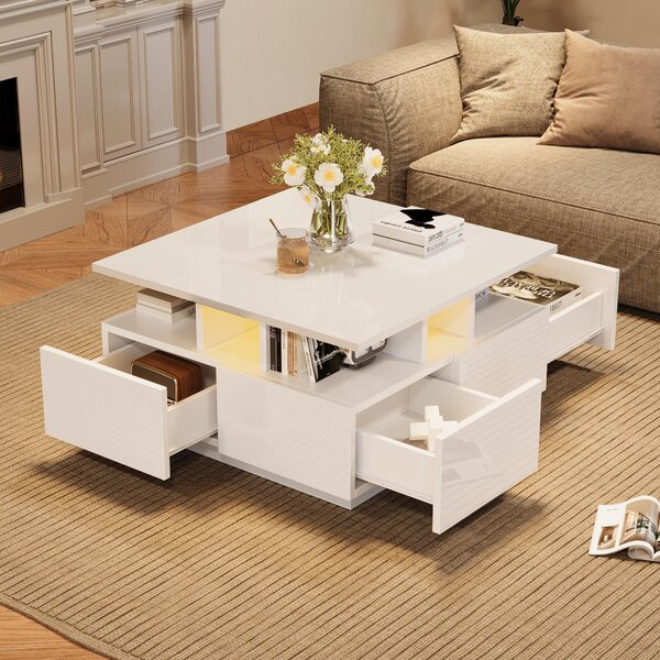 Tavolino da caffè, dimensioni 70 x 70 x 40 cm, realizzato in pannello di particelle di legno al 100%, colore bianco, dotato di 4 cassetti, design a 3 strati e barra luminosa LED con controllo tramite app
