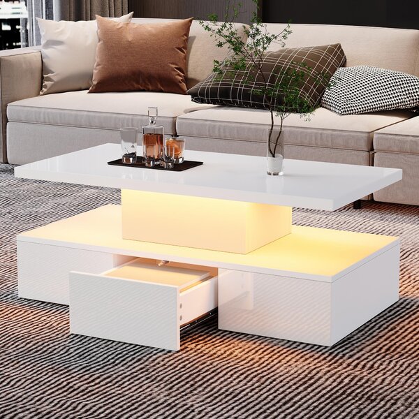 Tavolino da divano, dimensioni 100 x 50 x 39 cm, realizzato in pannello di particelle al 100%, colore bianco, forma rettangolare, con ripiano aperto, 1 cassetto e illuminazione a LED