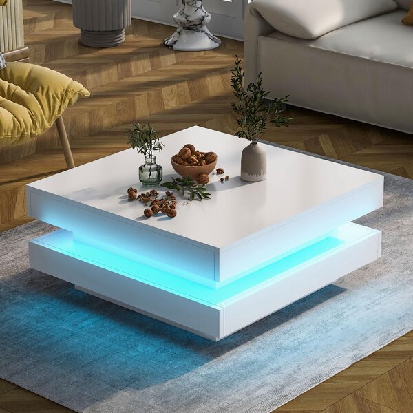 Tavolino da divano, dimensioni 70x70x36 cm, realizzato in pannello truciolato al 100%, colore bianco, forma quadrata, con piano girevole a 360° e illuminazione LED controllabile tramite app